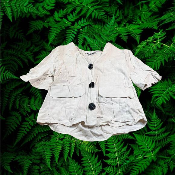 Topshop Cream Beige Viscose-Linen Blend Cropped Button Blouse Size 2 - Picture 1 of 7